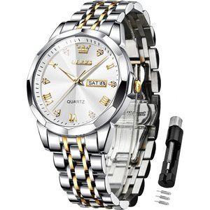 Men Diamond Stainless Steel Luxury Analog Waterproof Wrist Watches -White